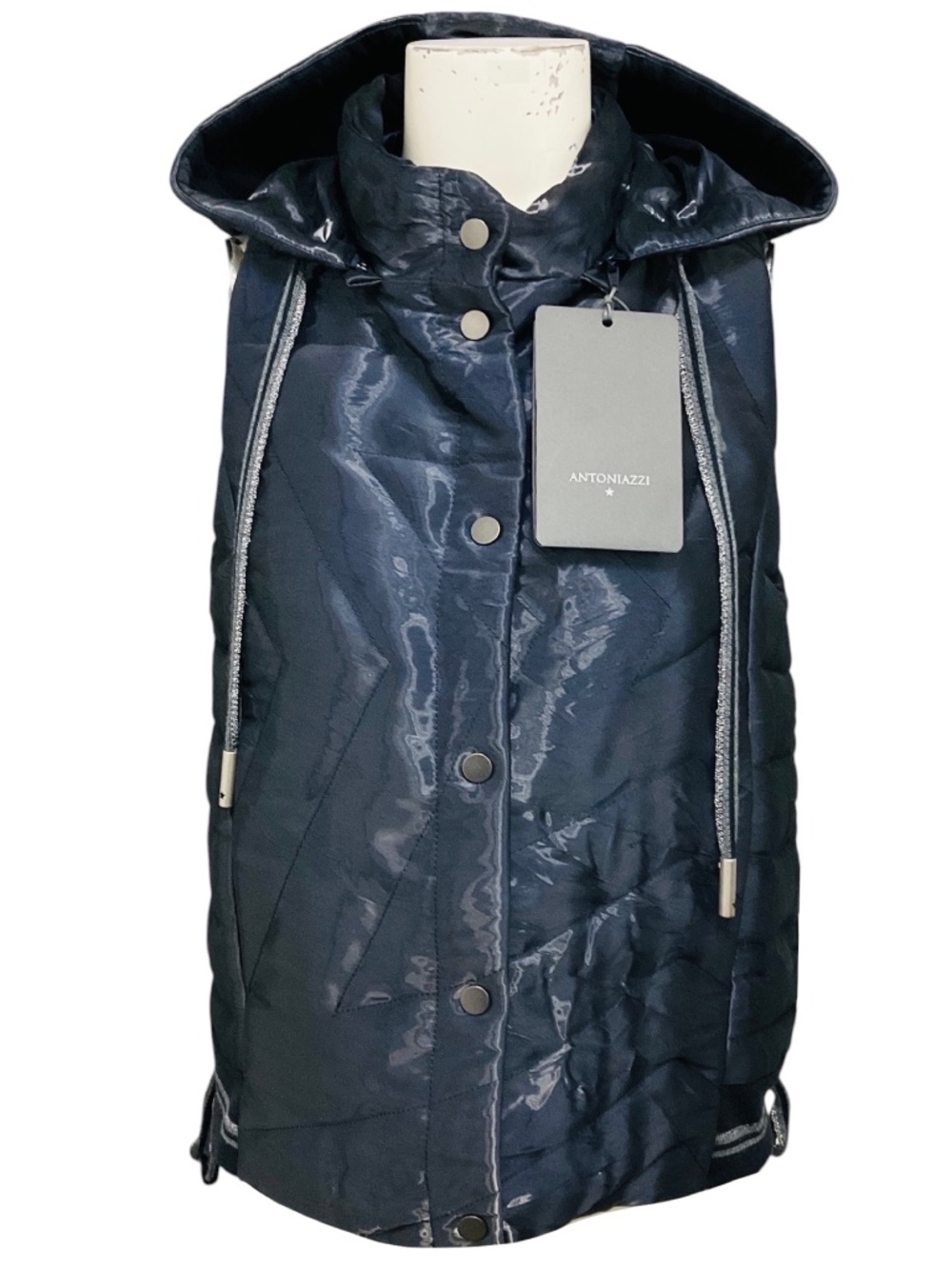 LORENA ANTONIAZZI NAVY BLUE QUILTED VEST WITH HOOD